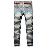 Slim straight-leg badge distressed jeans